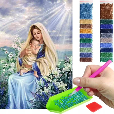 Zdjęcie produktu dla Haft diamentowy ARTULIO - Maria z Jezuskiem w promieniach słońca - 60 x 40 cm - Diamond painting, Kompletny zestaw: mozaika + akcesoria