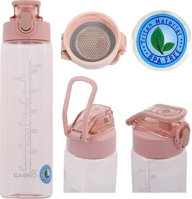 A collage of images showing a pink water bottle from different angles, its lid, and a BPA-free material sticker.