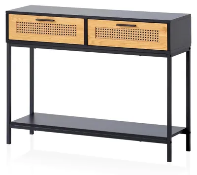 Produktbild von Konsolentisch Schwarz 100x30x75 cm Design Anrichte Flur, Ablagetisch Schmal mit Wiener Geflecht, Flurtisch mit Schubladen und Ablage, Dielentisch Lang Hoch Rattan
