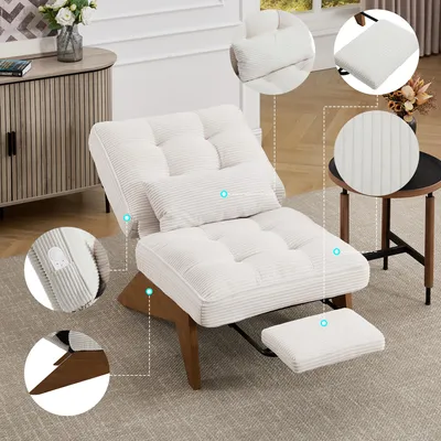 Image de Fauteuil de détente moderne en tissu, réglable et sans dossier : repose-pieds + coussin lombaire, pieds en bois – pour le salon, la chambre ou le bureau