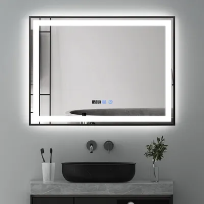 Productafbeelding van Puluomis badspiegel 80x60, anti-condens, met 3 kleuren verlichting, dimbare helderheid, badkamerspiegel met digitale klok en temperatuurweergave, zwart