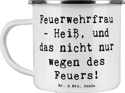 Produktbild von Mr. & Mrs. Panda Pott Spruch Feuerwehrfrau Heiß - Weiß - Geschenk, Haferl, Berufsprodukte, Anerkennung, Leidenschaft, becher emaille, handgefertigte Geschenke, Tasse