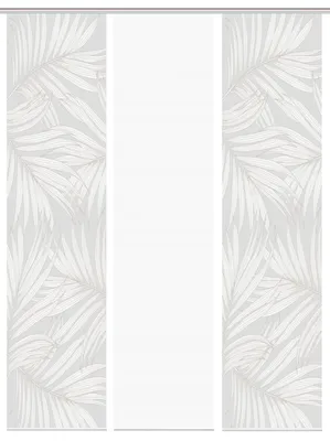 A panel blind with a palm leaf pattern on the sides and a plain white center.