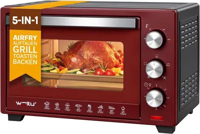 Produktbild von WOLTU Mini Backofen 28 L, Pizzaofen 1600 W, 100-230 °C, Timer 0-60 Min., 3 Heizmodi, inkl. Backblech Grillrost Krümelblech Rostheber, Rot+Schwarz