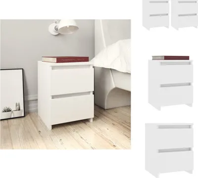 A white nightstand with two drawers sits next to a bed, with a book on top. A framed picture is on the wall to the left.