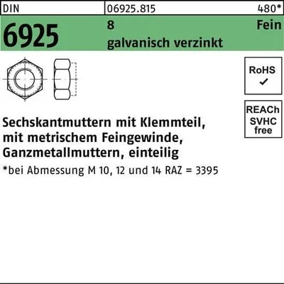 Produktbild von Reyher  Sechskantmuttern DIN 6925 8 M 12 x 1,5 galv. vz (100 Stück)