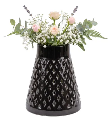 Produktbild von Friedhofsvase in Kegelform durchbrochen Grabstein Grabdekoration Grabsteckvase Blumenvase H 26 cm Ø 11 cm Graphit Rautenmuster Grabblumenkompositionen für lebende und künstliche Blumen