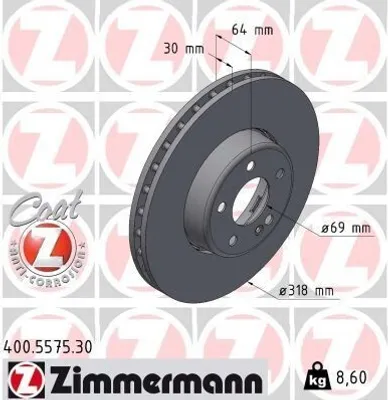 Produktbild von 2x ZIMMERMANN Bremsscheibe 400.5575.30 64mm 8 6kg 318mm