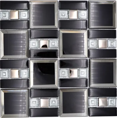 Produktbild von Glasmosaik Mosaikfliese schwarz silber glänzend Wand Küche Bad Dusche MOS88-SQ78