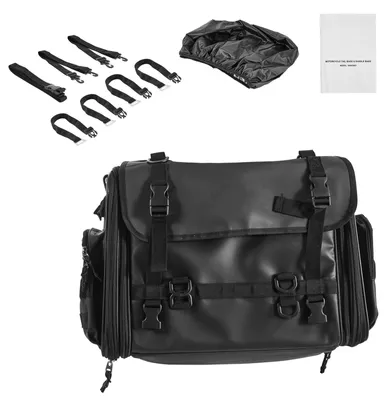 Image de Sacoche arrière pour moto SucceBuy (40-60 L) avec housse imperméable, sacoche de rangement pour motos, sacoche de selle avec bandoulière et sangle élastique, sacoche de moto noire