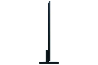 A side view of a black television on a stand, isolated on a white background.