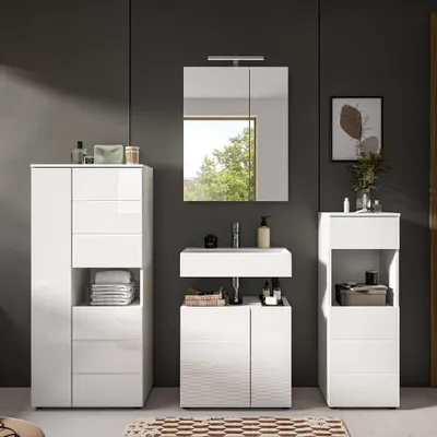 Produktbild von Badmöbel-Set 4-teilig in weiß mit weiß Hochglanz, mit Midischrank & Spiegelschrank inkl. Beleuchtung - VELLORE-158