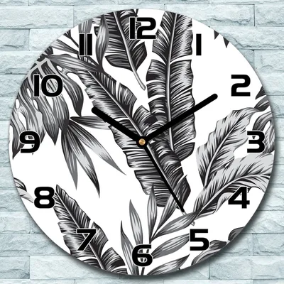 Produktbild von Wanduhr aus Glas Rund fi 30 weiß-schwarz tropische Blätter Deko Wohnzimmer Büro