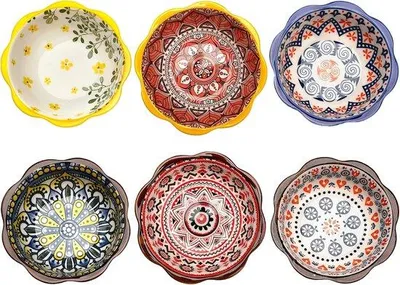 Obrázek produktu pro Sada 6 misek na dipy a omáčky – porcelán – misky na tapas – misky na občerstvení – design ve stylu boho – Ø 98 cm – misky na sójovou omáčku – sushi občerstvení – 70 ml