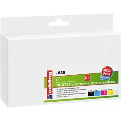 Immagine prodotto di edding 18-635 edding EDD-635 cartucce per stampanti nero, ciano, magenta, giallo compatibili con HP 973X (L0S07AE, F6T81AE, F6T82AE, F6T83AE), set da 4