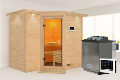 Produktbild von Karibu Sauna Innensauna Sahib 2 Eckeinstieg Ofen 9 kW  externe Strg easy 264x198x214 cm mit Dachkranz  mit Bronzierter Tür