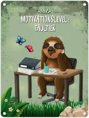 Produktbild von Metallschild mit Faultier Motiv und Spruch: Motivationslevel: Faultier Schild
