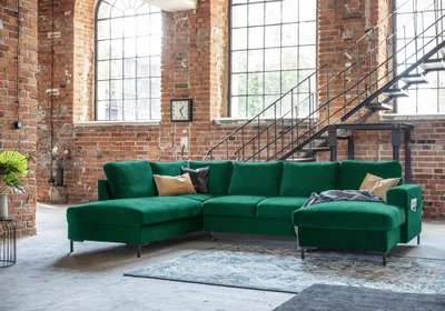 Produktbild von MIUFORM Lofty Lilly - Ecksofa mit Bettfunktion und Bettkasten U-FORM LINKS - 303 x 197 cm - Velours Flaschengrün - Sofa Schlafsofa Couch
