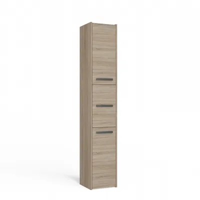 A tall, narrow cabinet with three doors and dark handles, set against a white background.