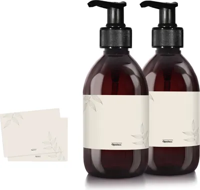 Produktbild von Oputec 2 x 300ml braune Seifenspender aus Kunststoff + Etiketten - Nachfüllbare Shampoo- & Duschgel-Pumpflaschen