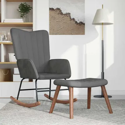 Image de vidaXL Chaise à bascule avec tabouret velours gris foncé