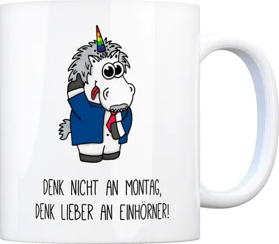 Produktbild von Honeycorns Kaffeebecher mit Einhorn Motiv und Spruch: Denk nicht an Montag