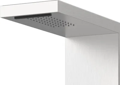 A close-up view of a modern shower head and part of the shower arm, against a white background.