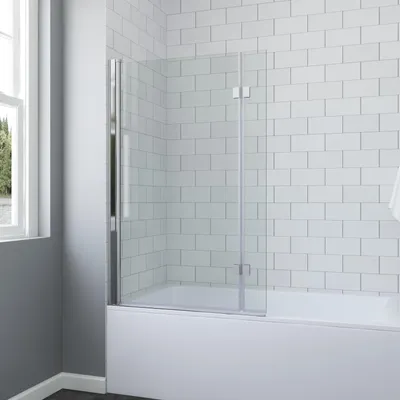 Produktbild von AQUABATOS Rahmenlose Badewannenaufsatz mit 8mm ESG – L-Form mit 2-türiger Scharniertür und klappbarem Seitenteil