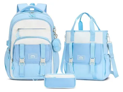 Immagine prodotto di Set da scuola per bambine, composto da zaino, borsa a tracolla e astuccio, colore blu, capacità 32L, impermeabile