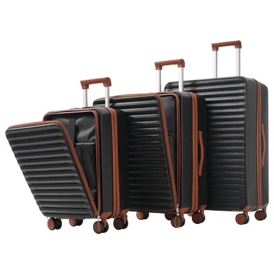 Produktbild von 3-teiliger Koffer mit Front-Öffnungs-Design Klappbare Getränkehalter TSA-Schloss und 360°-Rollen Gepäckset Reisekoffer Schwarz