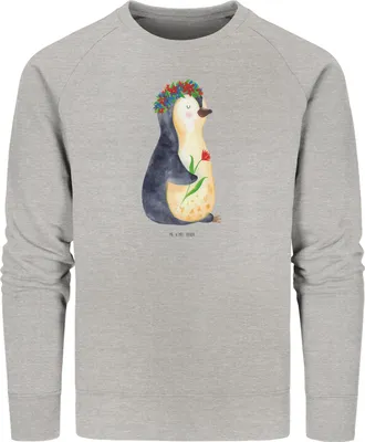 Produktbild von Mr. & Mrs. Panda Bio Baumwoll Pullover Pinguin Blumen Größe S - Heather Grey - Geschenk, Selbstliebe, Blumenliebe, Lebenslust, Pulli, Sweater, Leben, Sweatshirt, Rundhals