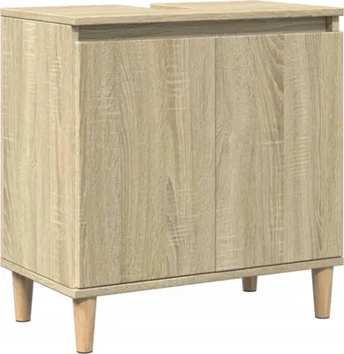 A standalone image of a bathroom cabinet with a wood-like finish.
