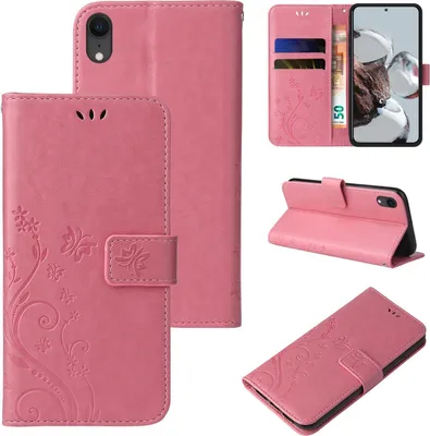 Produktbild von Handyhülle für Apple iPhone XR Floral Blumen Schmetterling Flip Cover Hülle Case Klapphülle Handytasche Farbe: Rosegold