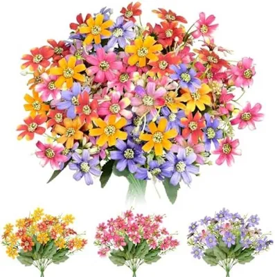 Produktbild von PolkaHome® 6er-Set Kunstblumen – UV-beständige Seidenblumen, Gänseblümchen in 3 Farben, 33 cm