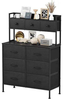 Image de Commode à 9 tiroirs, structure en bois noir, tiroirs en tissu, dimensions : 85 x 35 x 130 cm
