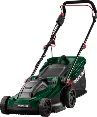 A green electric lawnmower with black and red accents, shown from a front-diagonal angle against a white background.