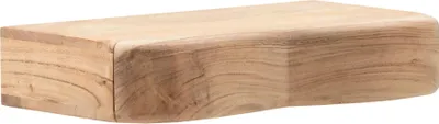 Wandregal Akazie Massivholz mit Schublade in Gesamtansicht von schräg vorne, helles Holz mit geschwungener Kante.
