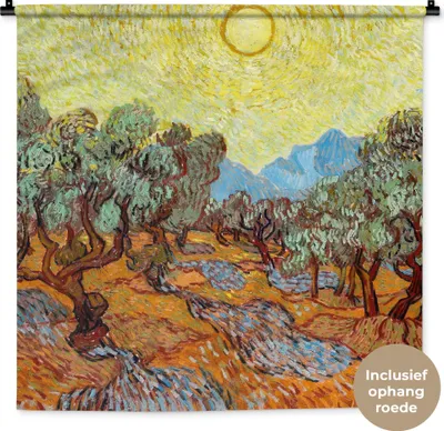 Produktbild von MuchoWow® Wandteppich Wandbehang Olivenbäume mit gelbem Himmel und Sonne - Vincent van Gogh 90x90 cm Tapisserie Dekoration Wandtuch - Wandaufhänger