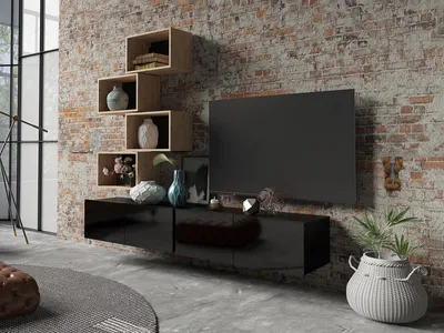 Produktbild von Wohnwand CALABRINI-30 Wohnzimmer-Set Hängewohnwand Schrankwand Schrank TV-Schrank Moderne Anbauwand Hochglanz (Schwarz / Artisan Eiche)