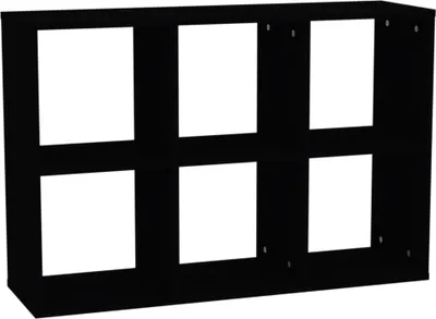 A black cube shelf unit with six square compartments.