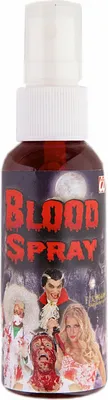 A bottle of fake blood spray with a Halloween-themed label.