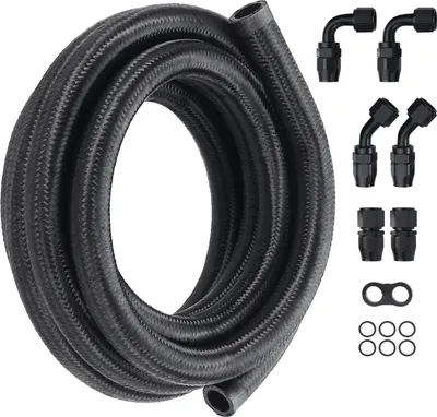 Immagine prodotto di SucceBuy Kit linea carburante 10AN, 10 piedi di tubo carburante in nylon con treccia in acciaio inox, raccordi terminali per tubo olio/gas/gasolio da 0,55 pollici, set di adattatori girevoli da 7 pezzi, nero