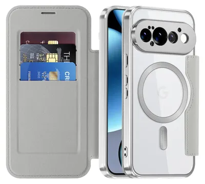 Image de Étui pour Google Pixel 11 Pro, compatible MagSafe, étui transparent avec porte-cartes, étui en cuir avec protection pour l'appareil photo, couleur argent