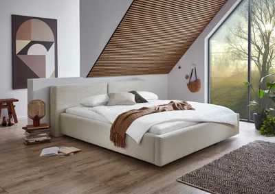 Produktbild von Meise Möbel Polsterbett Cube 180x200 cm | Bettgestell | Kopfteil glatt | Cordstoff Beige | Holzfuß schwarz
