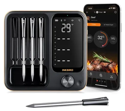 Immagine prodotto di Termometro a filo per carne con 4 sonde, ideale per forno, cucina e barbecue, con controllo tramite app