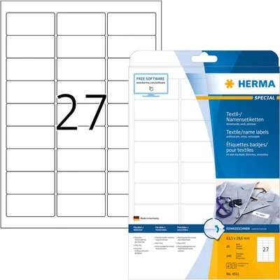 Zdjęcie produktu dla HERMA 4511, Biały, Zaokrąglony prostokąt, Laser, 27 szt., 20 ark., 63,5 mm