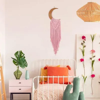 Produktbild von Ibenzoa® Handgefertigter Mondphasen-Makramee Wandbehang aus Baumwollgarn & Holz mit Boho-Quasten – Deko für Schlafzimmer & Wohnzimmer