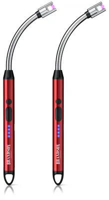 Imagen del producto de Brandson, juego de 2 encendedores eléctricos de arco, con carga USB-C, sin llama y resistentes al viento, cuello flexible de 26 cm de longitud, indicador LED de carga, encendedores tipo varilla, 2 unidades, color rojo