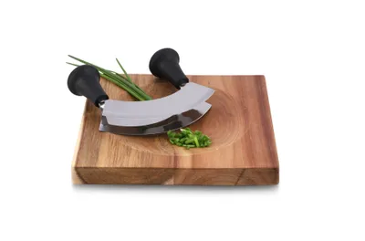 Produktbild von Karl Weis Doppelwiegemesser 14 cm mit Holzbrett, Edelstahl, Kunststoff, 22 x 22 x 4,8 cm, 560 g