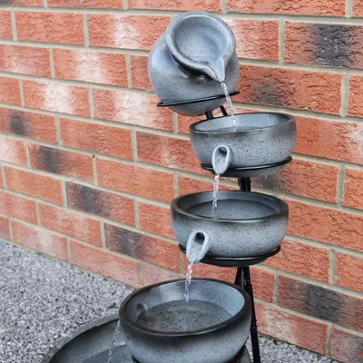 Produktbild von Kaskadenbrunnen 4-stufiger Wasserbrunnen Grau Solar-Wasserspiel mit überlaufenden Schalen Wasserbrunnen Solarbrunnen Gartenbrunnen solarbetrieben Springbrunnen Zierbrunnen